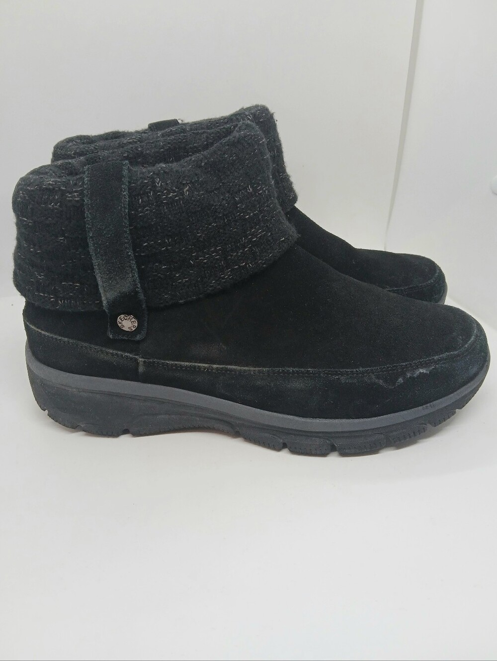 ​Skechers On-The-GO Joy Black Suede Knit Collar Ankle Boots 11W Wide Fit